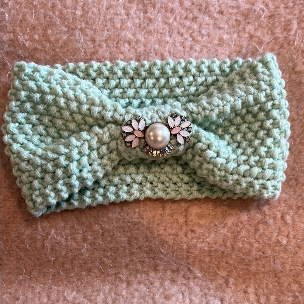 Mint Green Knitted Headband with Pearl Accent